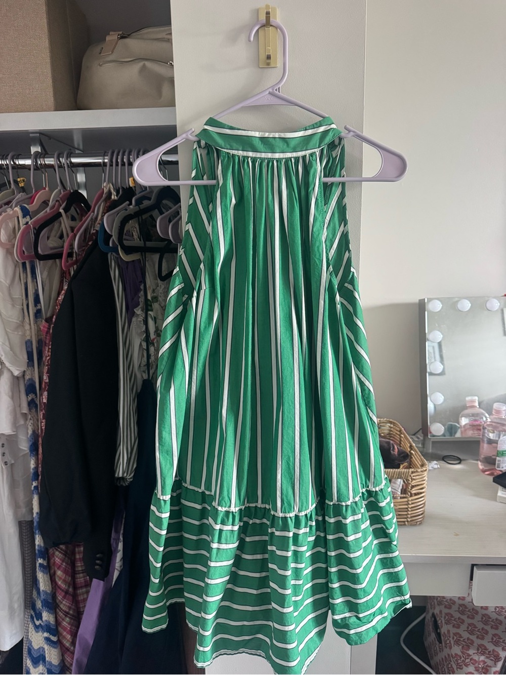 STAUD Green and White Striped Halter Mini Dress